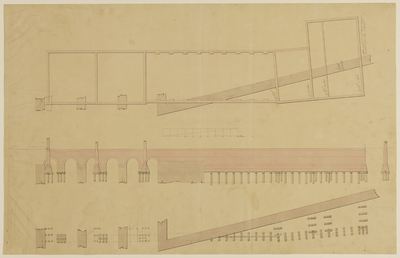 216224 Plattegronden en aanzichten van de fundering van het ontwerp voor twee blokken herenhuizen aan de Van Asch van ...